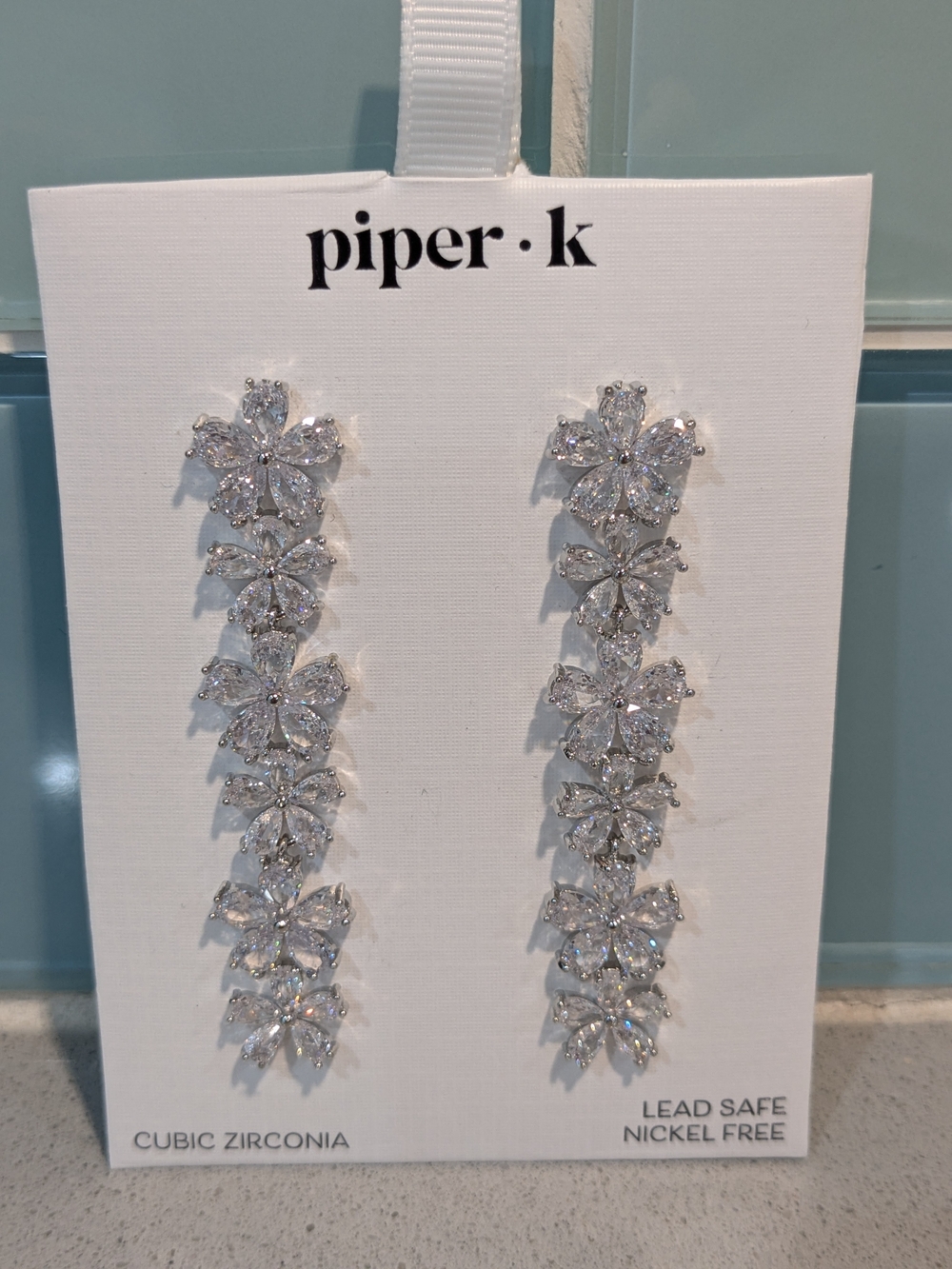 Piper K Crystal Floral Cascade Drop Earrings in Silver NEW